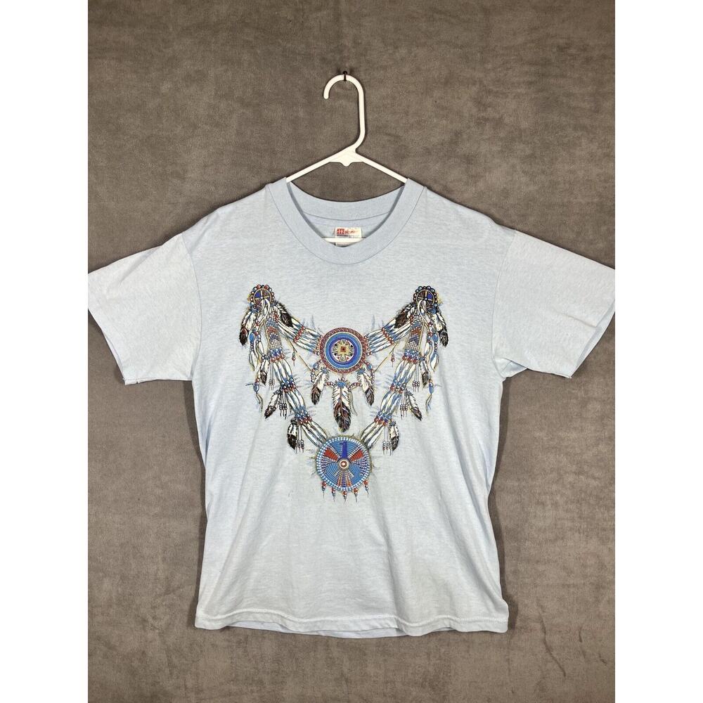 Vintage 90s Hanes HeavyWeight 50\50 Feather Print Mens T-Shirt Medium Blue USA